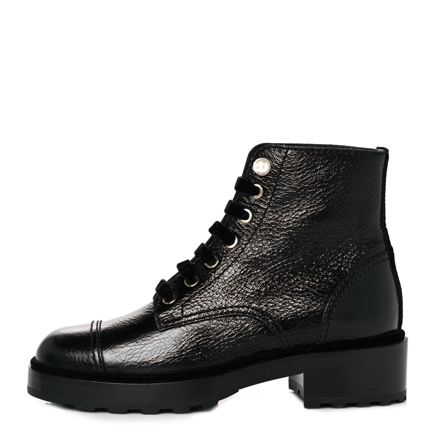 Chanel Shiny Calfskin Velvet Pearl Combat Short Boots 37 Black 1 of 8