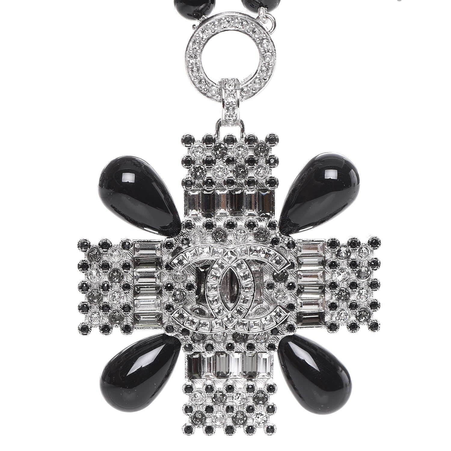 Chanel Bead Crystal Multi Strand CC Cross Necklace Black 4 of 7