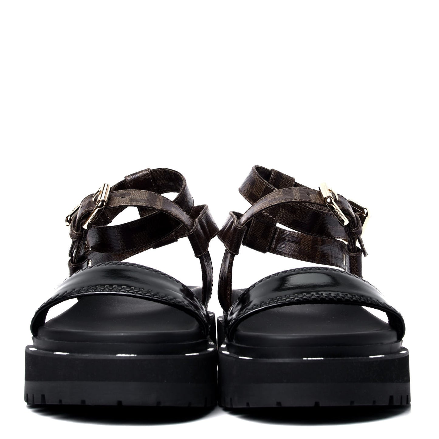 Vernice High-Tech Glazed Fabric FF Lug Sole Platform Sandals 40 Black Tobacco Moro