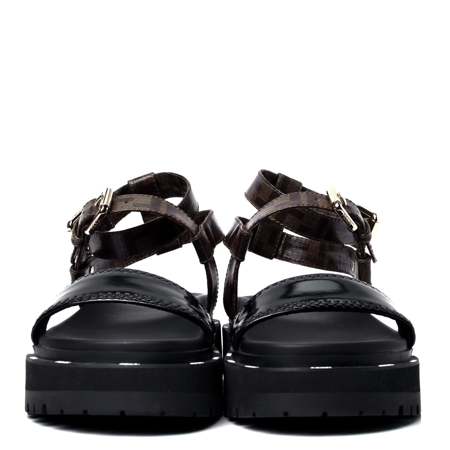 Fendi Vernice High-Tech Glazed Fabric FF Lug Sole Platform Sandals 40 Black Tobacco Moro 2 of 6