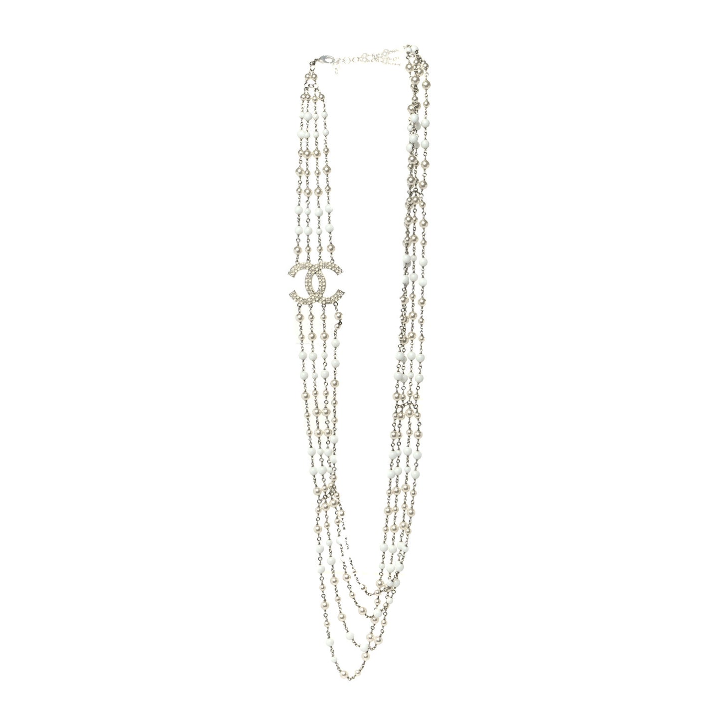 Bead CC Multi Strand Long Necklace Silver White