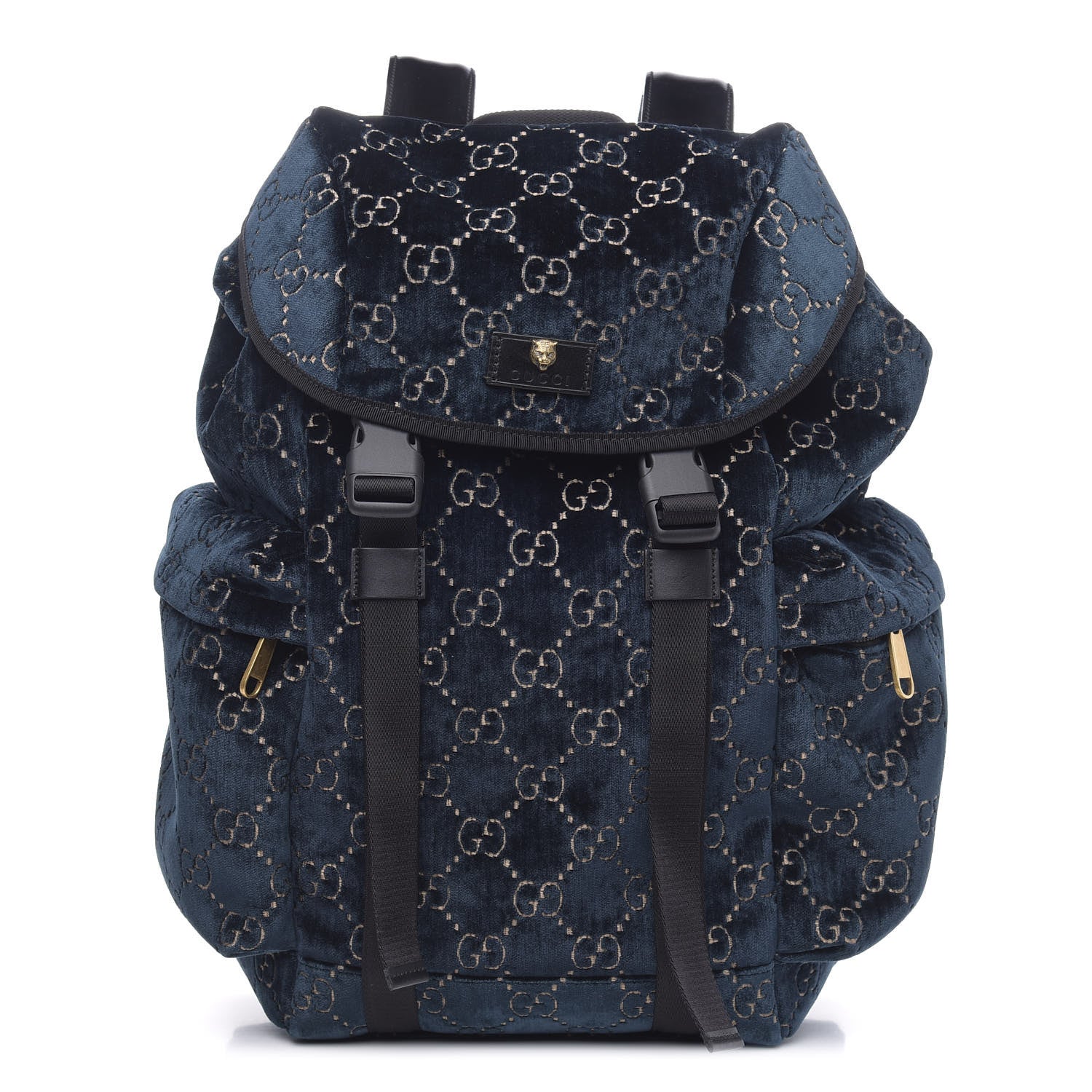 Gucci Velvet GG Monogram Web Medium Double Buckle Backpack Blue Beige Black 1 of 11