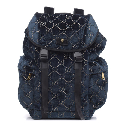 Gucci Velvet GG Monogram Web Medium Double Buckle Backpack Blue Beige Black 1 of 11