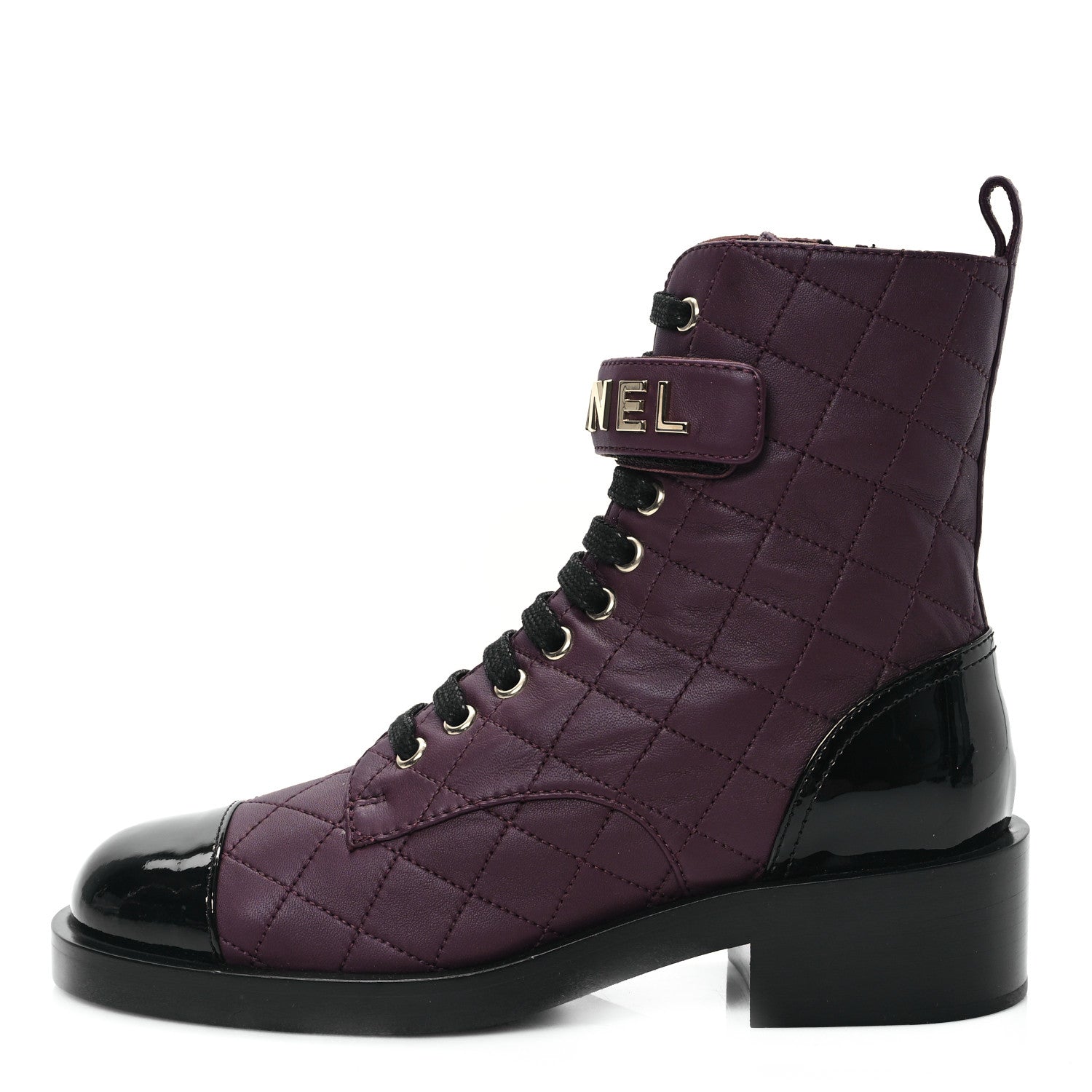 Chanel Lambskin Patent Calfskin Quilted Logo Lace Up Combat Boots 36 Burgundy Black 1 of 9