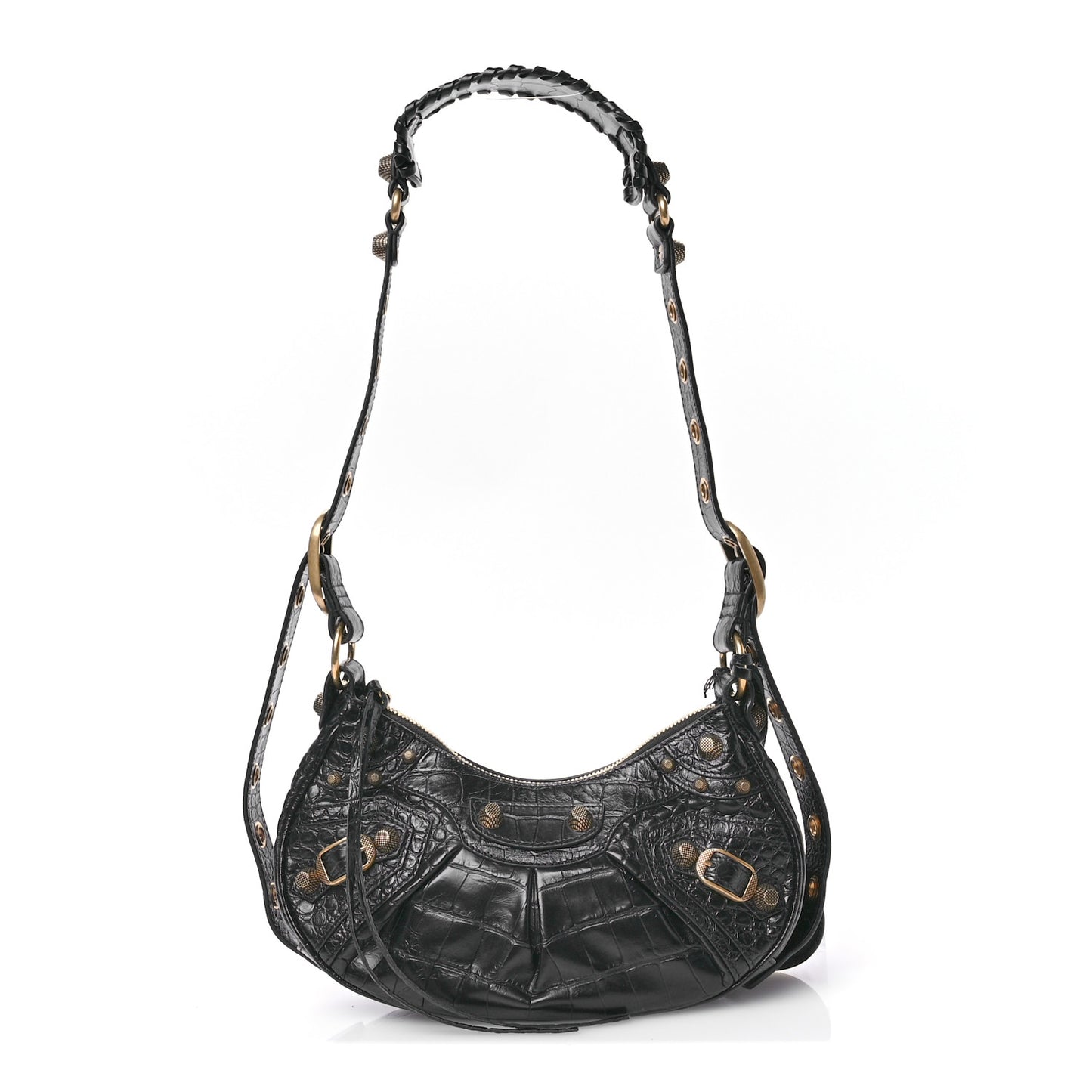 Extra Supple Calfskin Crocodile Embossed Le Cagole Shoulder Bag XS Black