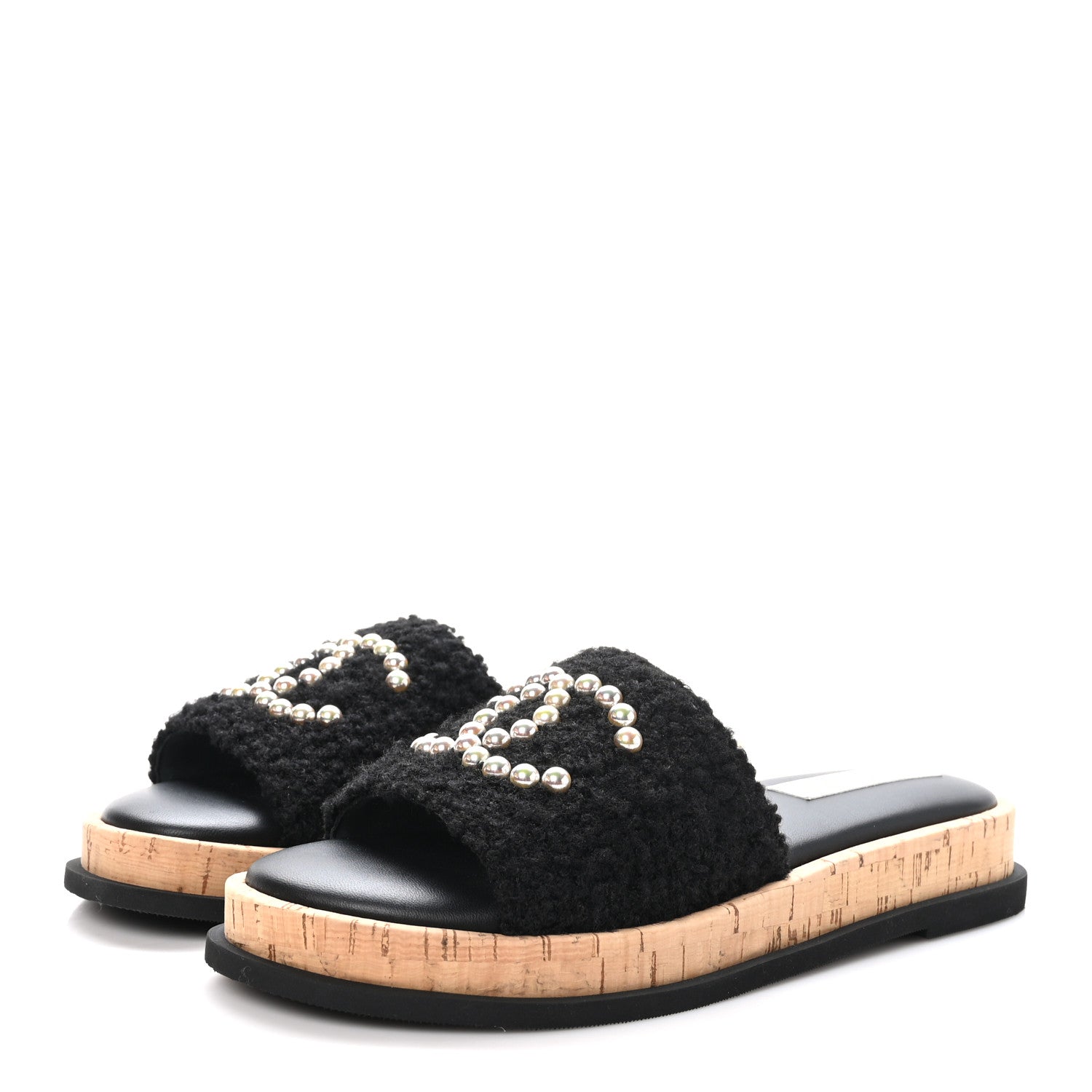 Chanel Fabric Pearl Cork CC Slip On Sandals 40 Black 3 of 9