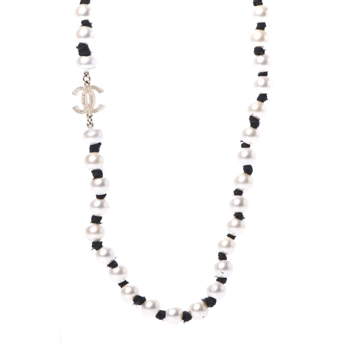 Pearl Grosgrain CC Long Necklace Gold