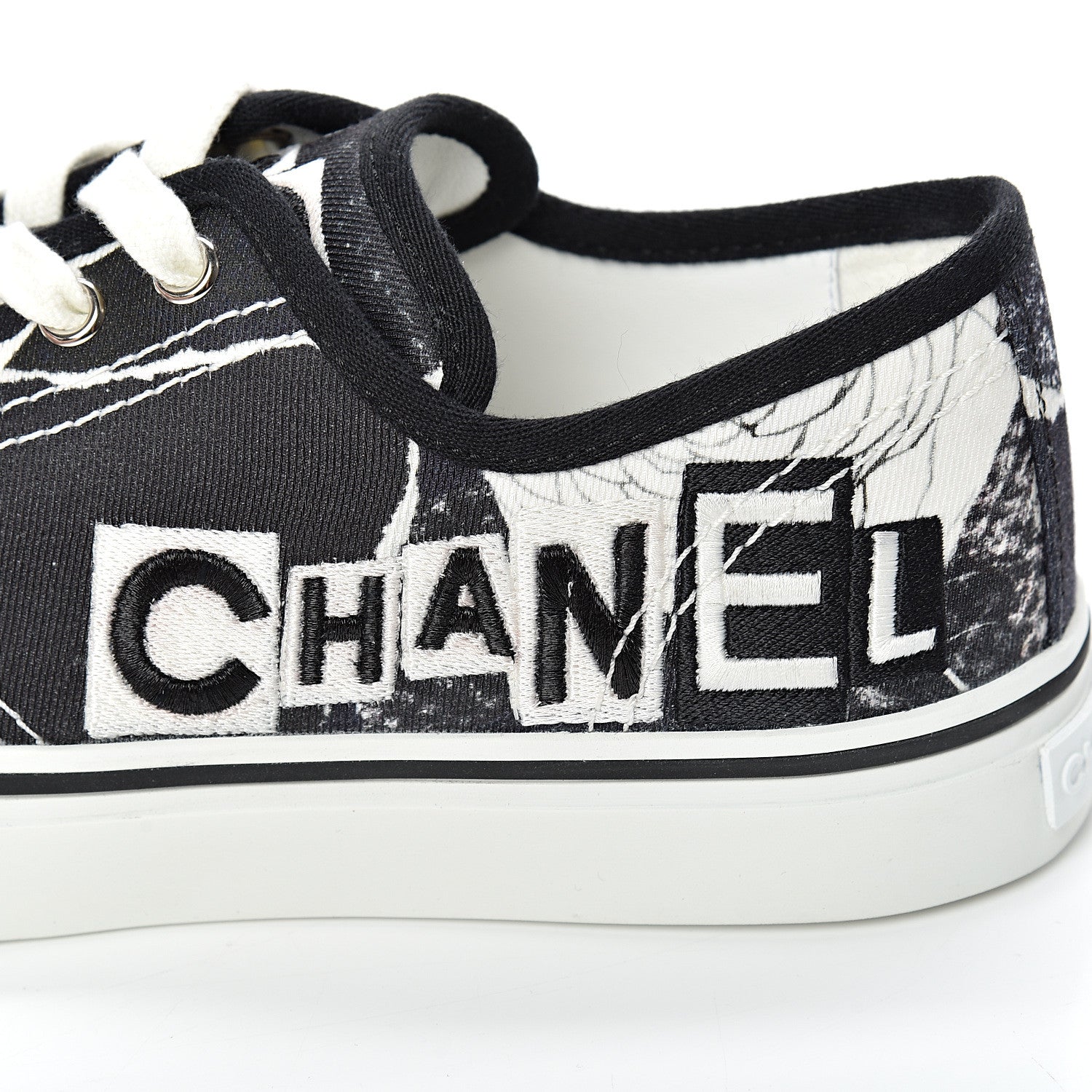 Chanel Printed Fabric Low Top Logo Sneakers 39 White Black 8 of 9