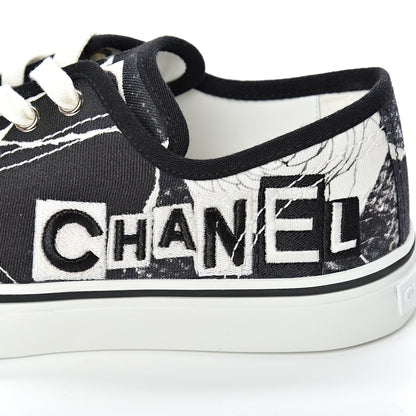 Chanel Printed Fabric Low Top Logo Sneakers 39 White Black 8 of 9