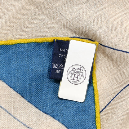 Hermes Cashmere Silk Se Plier Jeu Shawl 140 Naturel Indigo Jaune 4 of 5