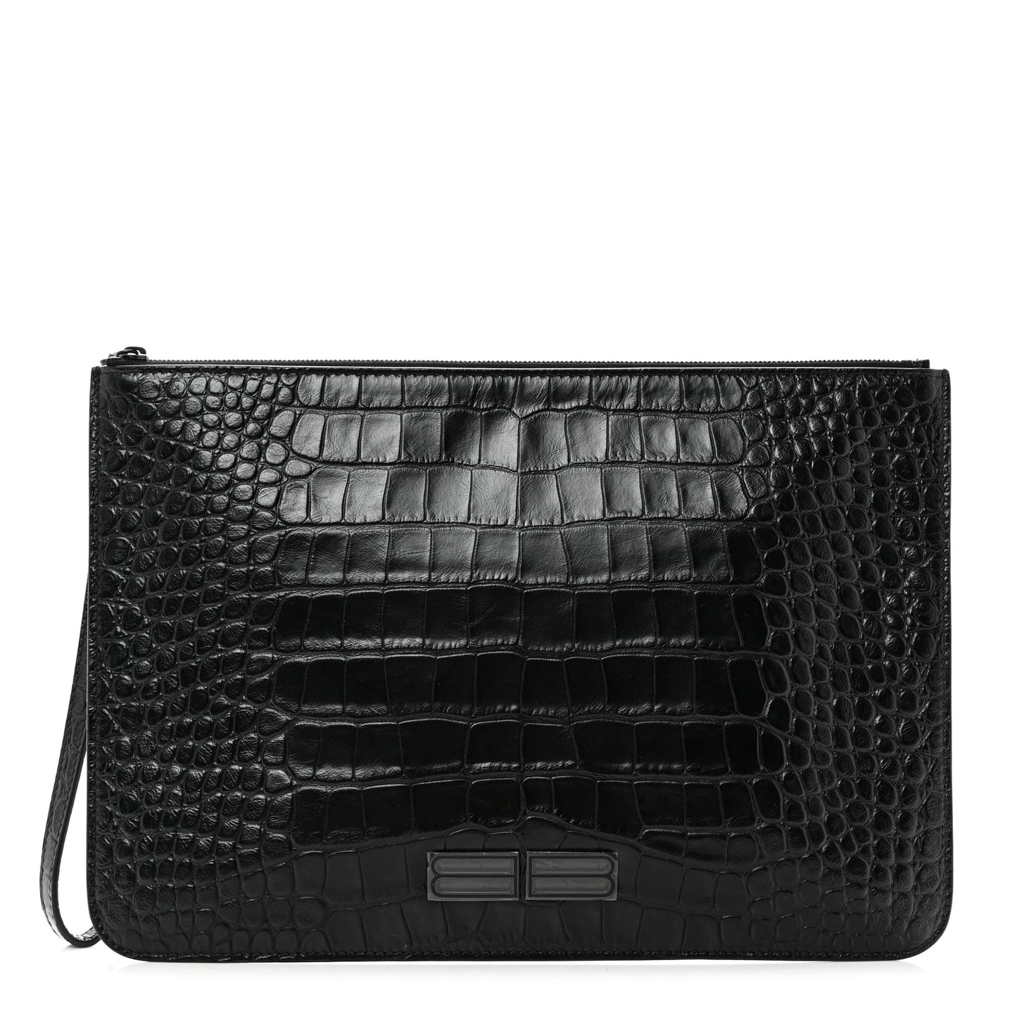 Extra Supple Calfskin Monochrome Crocodile Embossed BB Wristlet Pouch Black