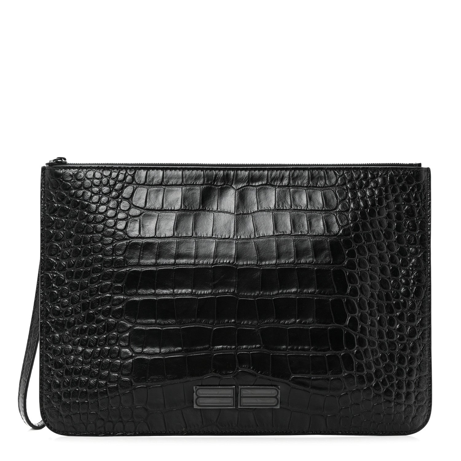 Balenciaga Extra Supple Calfskin Monochrome Crocodile Embossed BB Wristlet Pouch Black 1 of 8