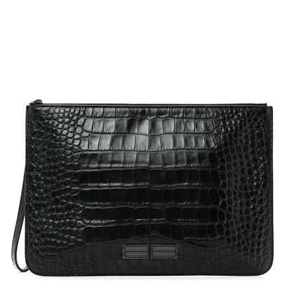 Balenciaga Extra Supple Calfskin Monochrome Crocodile Embossed BB Wristlet Pouch Black 1 of 8