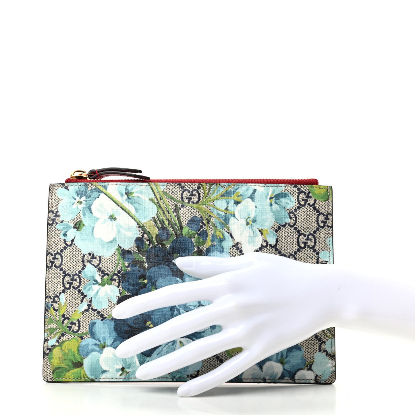 GG Supreme Monogram Blooms Small Zip Pouch Beige Blue Hibiscus Red