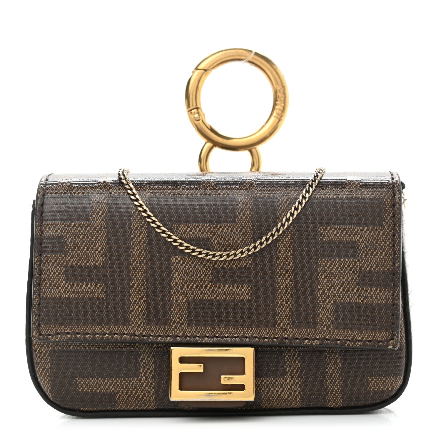 Fendi Glazed Fabric FF 1974 Nano Baguette Charm Mogano Panna 1 of 10