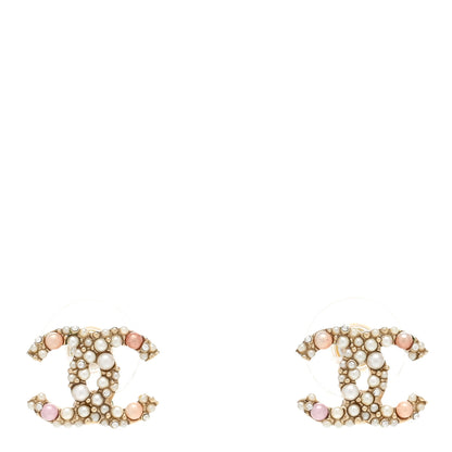 Chanel Pearl Crystal CC Charms Stud Earrings Light Gold Pink 1 of 5