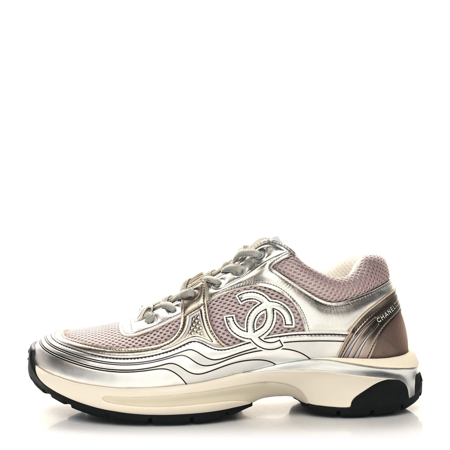 Chanel Fabric Laminated Calfskin Stretch CC Womens Sneakers 41 White Silver 1 of 9