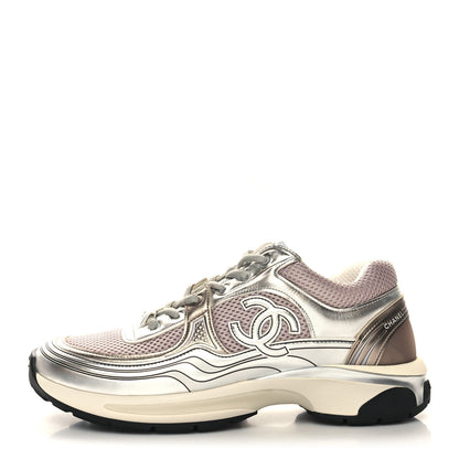 Chanel Fabric Laminated Calfskin Stretch CC Womens Sneakers 41 White Silver 1 of 9