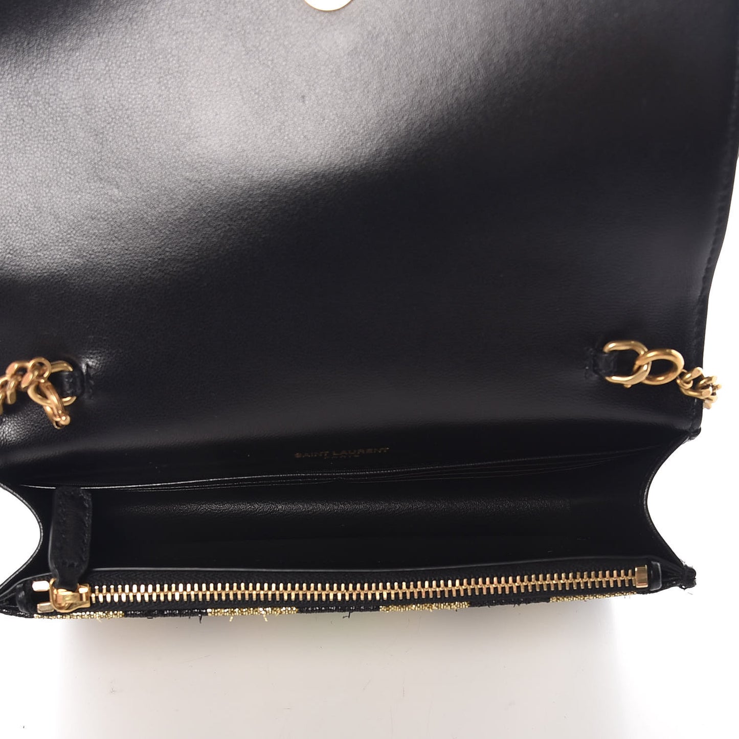Sequin Striped Classic Monogram Kate Tassel Chain Wallet Black Gold
