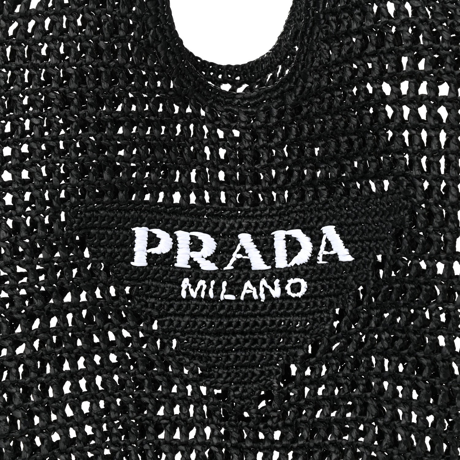 Prada Yarn Raffia Effect Crochet Logo Embroidered Shopping Tote Bag Black 7 of 9