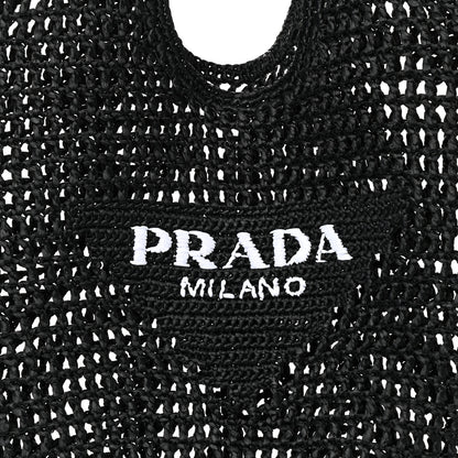 Prada Yarn Raffia Effect Crochet Logo Embroidered Shopping Tote Bag Black 7 of 9