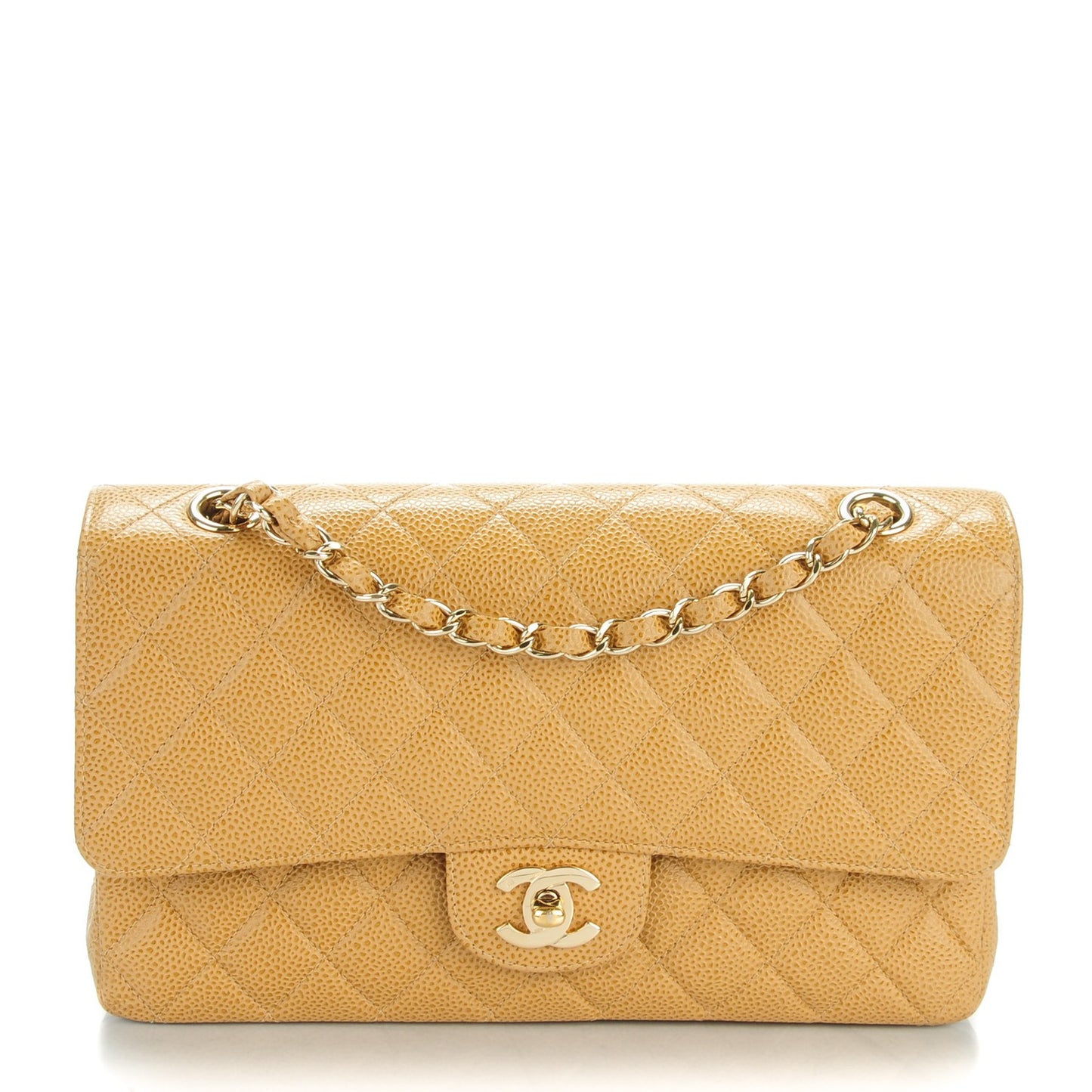 Caviar Quilted Medium Double Flap Beige