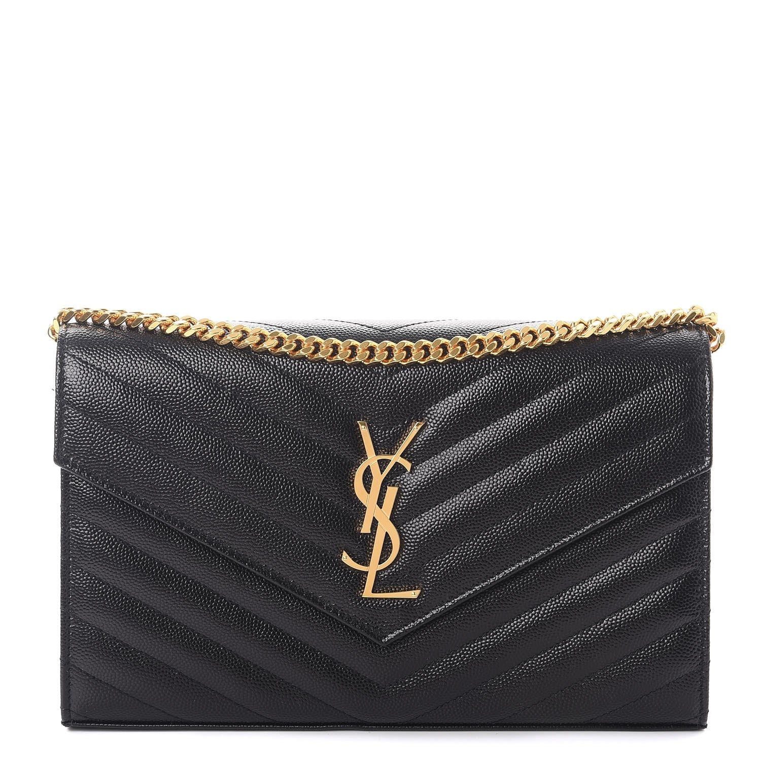 Saint Laurent Grain De Poudre Matelasse Chevron Monogram Chain Wallet Black 1 of 9