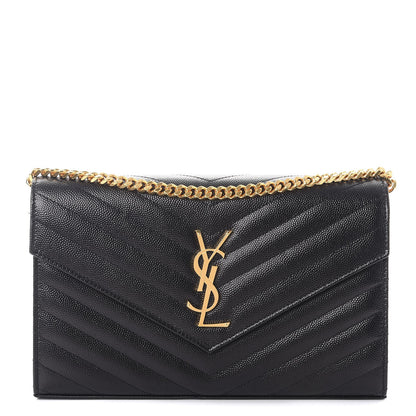 Saint Laurent Grain De Poudre Matelasse Chevron Monogram Chain Wallet Black 1 of 9