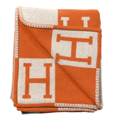 Hermes Wool Cashmere Signature Classic Avalon Blanket Ecru Potiron 2 of 4
