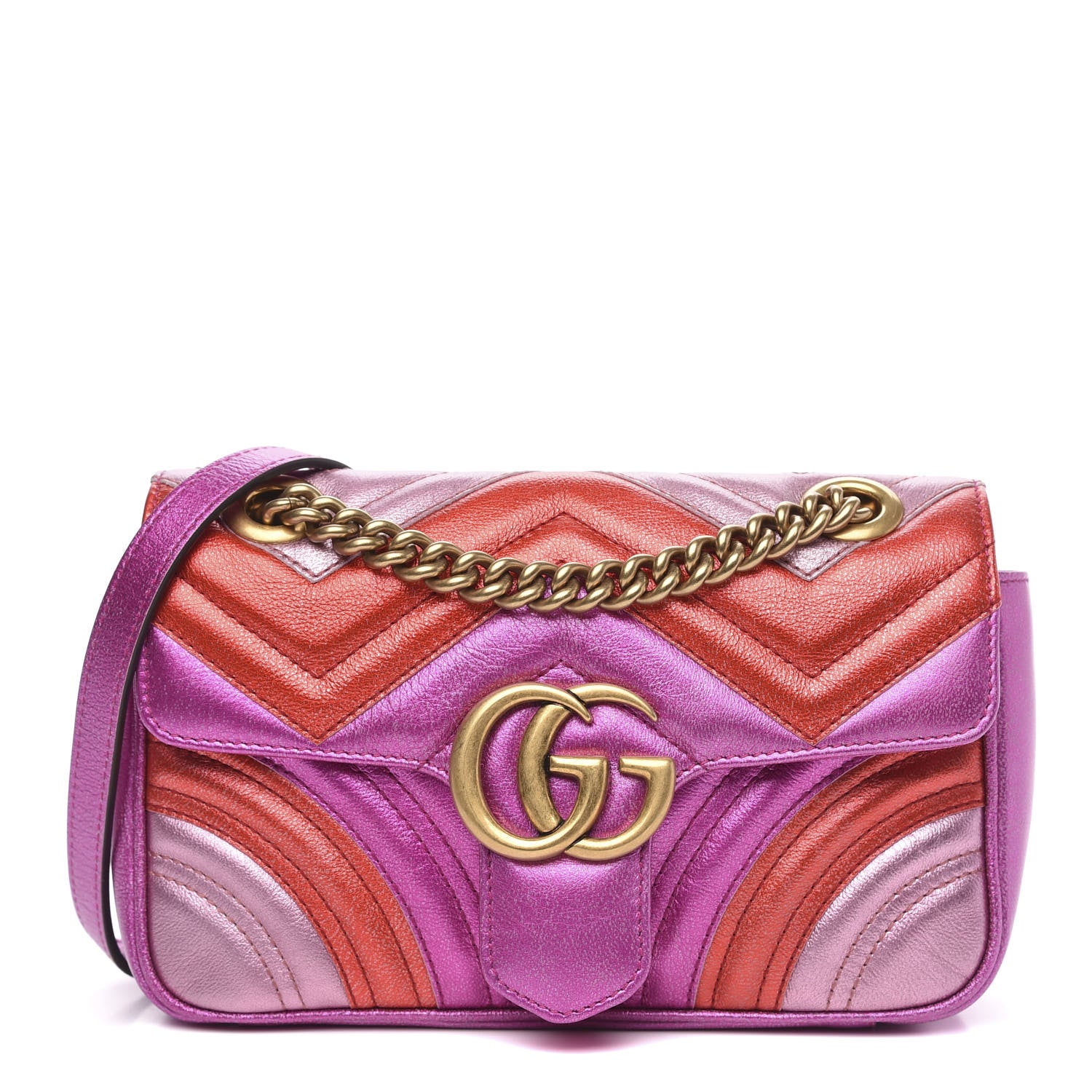 Gucci Metallic Calfskin Matelasse Mini GG Marmont Shoulder Bag Fuchsia 1 of 10