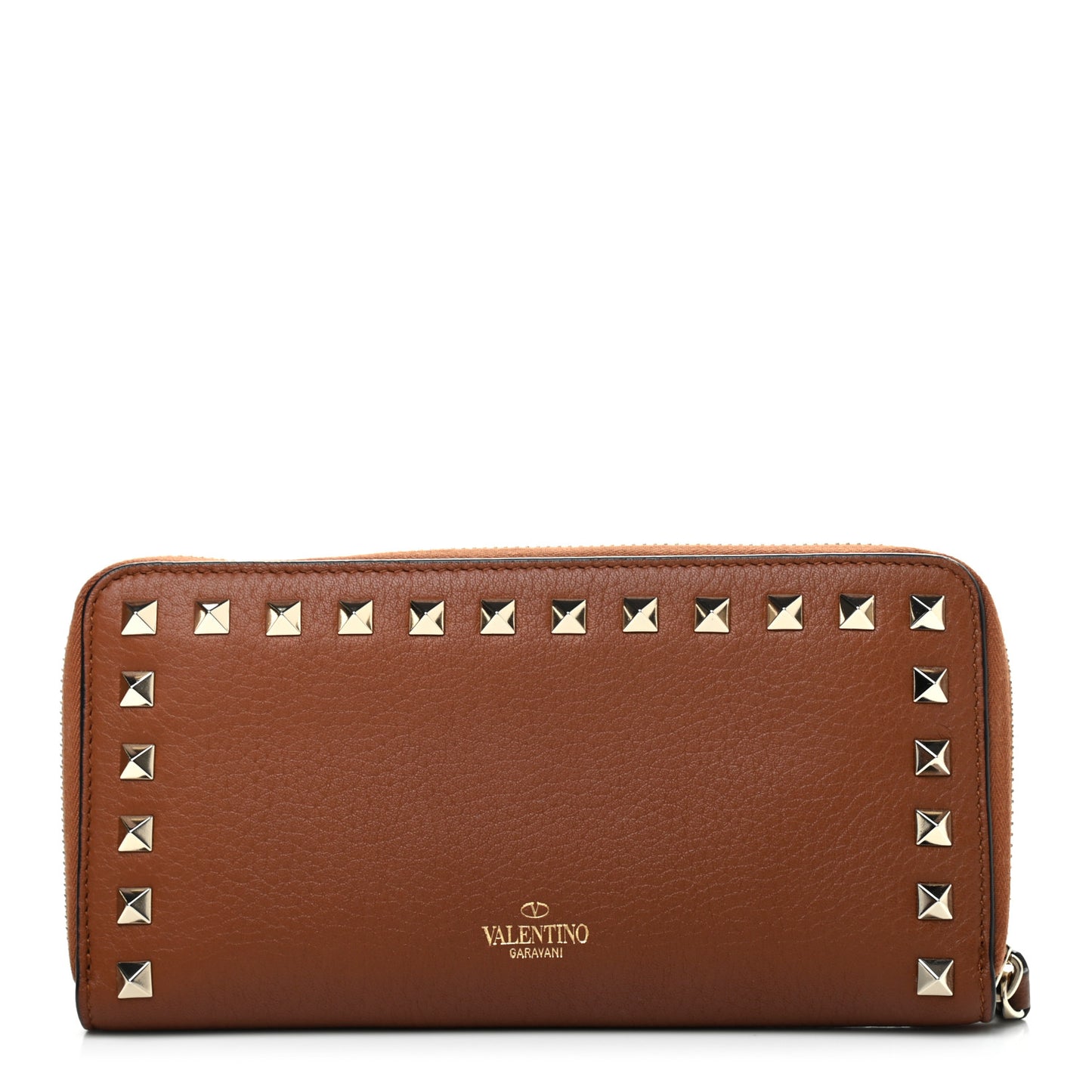 Pebbled Calfskin Rockstud Zip Around Wallet Bright Cognac
