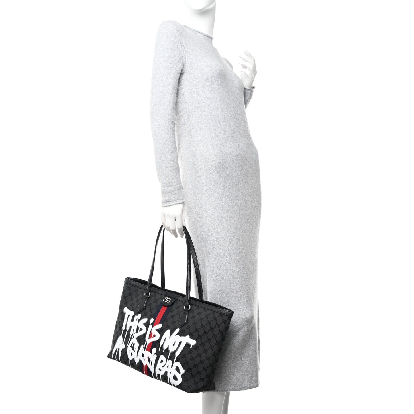 X BALENCIAGA BB Monogram Web Graffiti Medium Ophidia Shopping Tote Beige New Acero