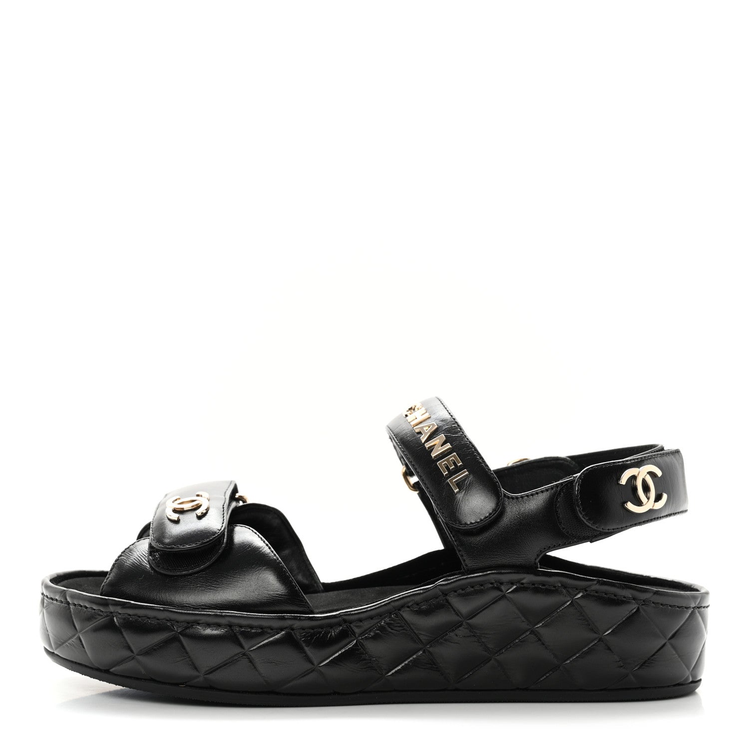 Chanel Shiny Calfskin Logo Platform Sandals 38 Black 1 of 12