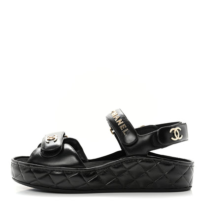 Chanel Shiny Calfskin Logo Platform Sandals 38 Black 1 of 12
