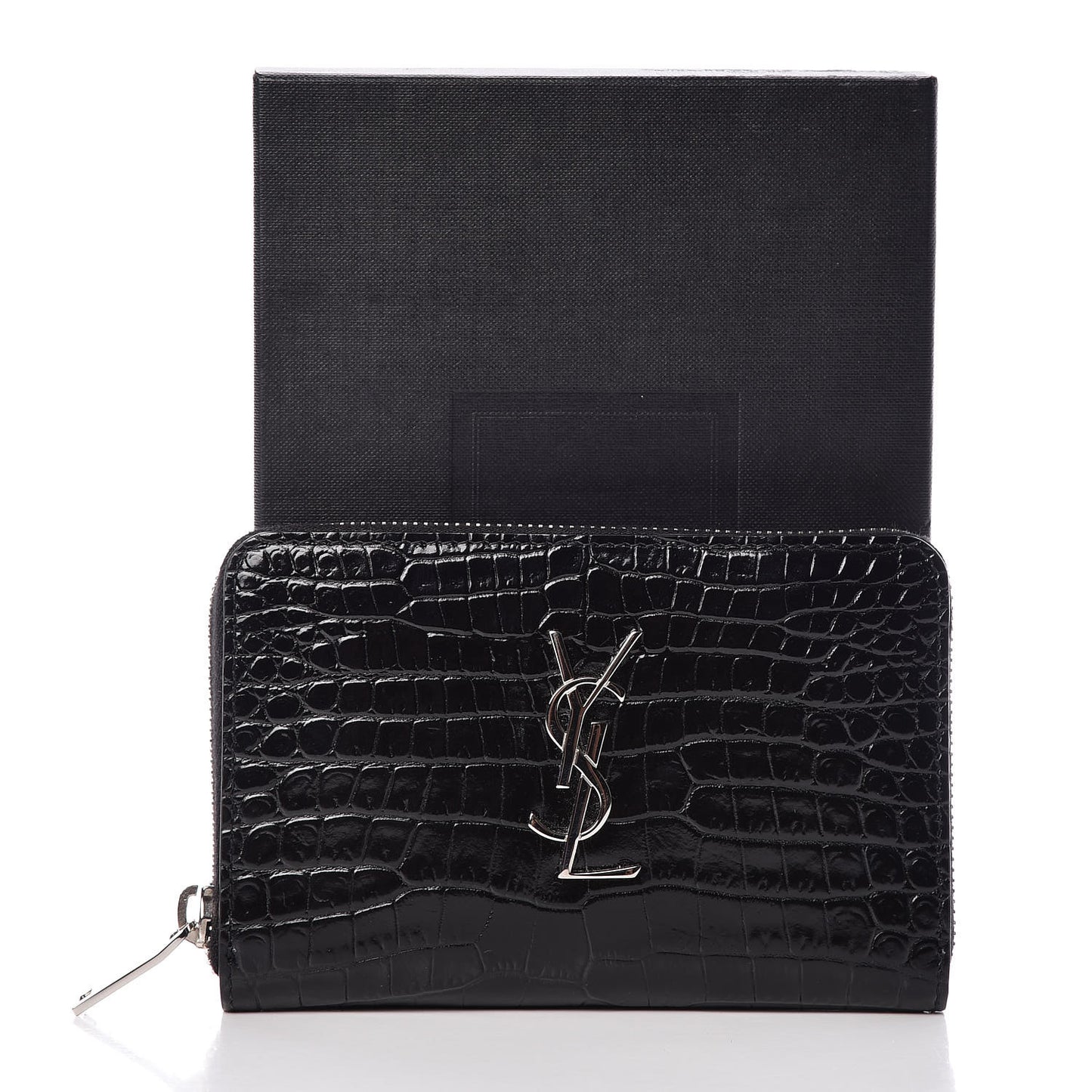 Calfskin Crocodile Embossed Monogram Zip Around Wallet Black