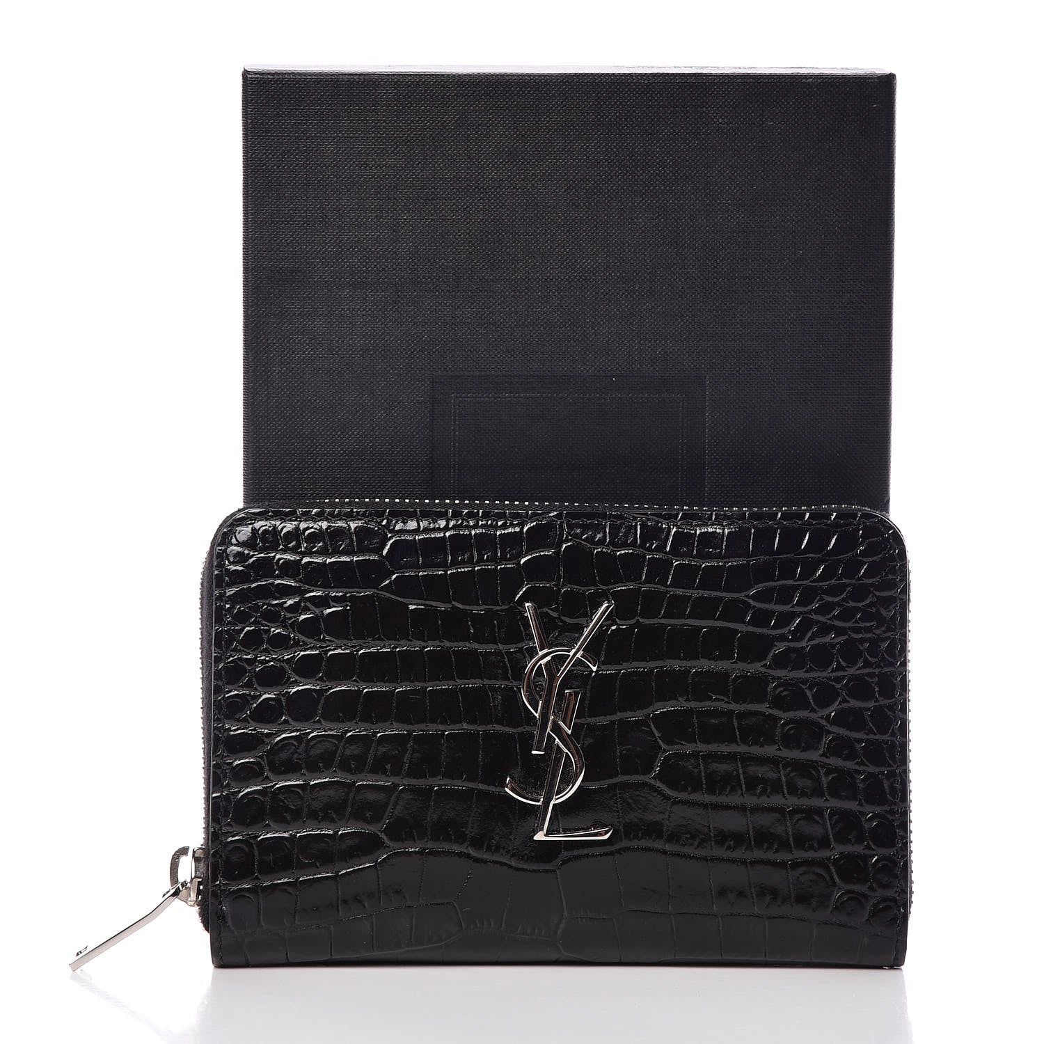 Saint Laurent Calfskin Crocodile Embossed Monogram Zip Around Wallet Black 11 of 11