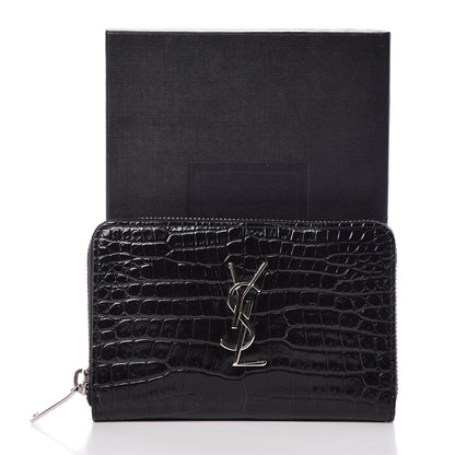 Saint Laurent Calfskin Crocodile Embossed Monogram Zip Around Wallet Black 11 of 11