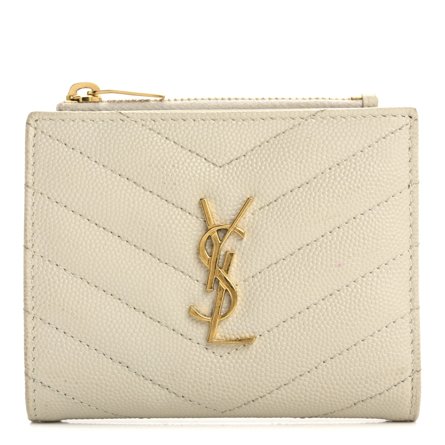 Saint Laurent Grain De Poudre Matelasse Chevron Monogram Zipped Card Case Crema Soft 1 of 15