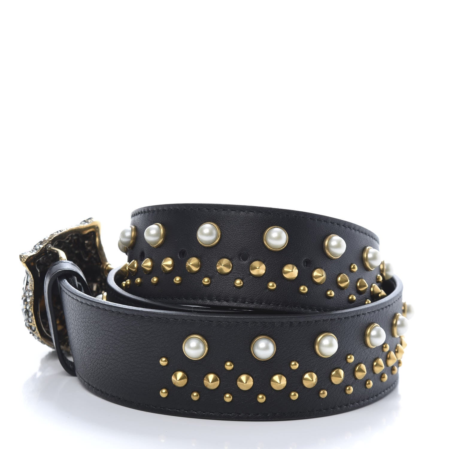 Gucci Calfskin Pearl Studded Swarovski Crystal Feline Belt 85 34 Black 4 of 6