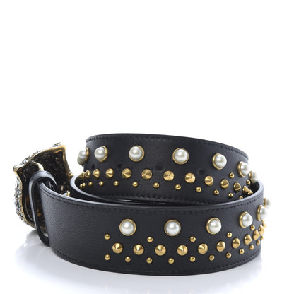 Gucci Calfskin Pearl Studded Swarovski Crystal Feline Belt 85 34 Black 4 of 6
