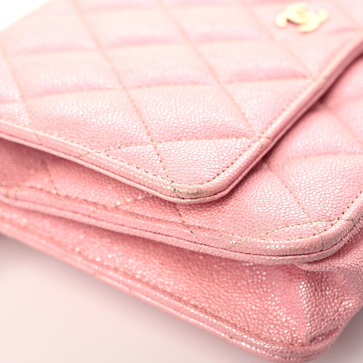 Iridescent Caviar Quilted Wallet on Chain WOC Rose Pink