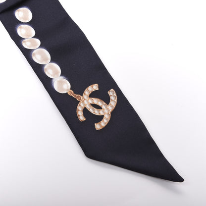 Chanel Silk Pearl CC Slim Bandeau Scarf Navy 2 of 4