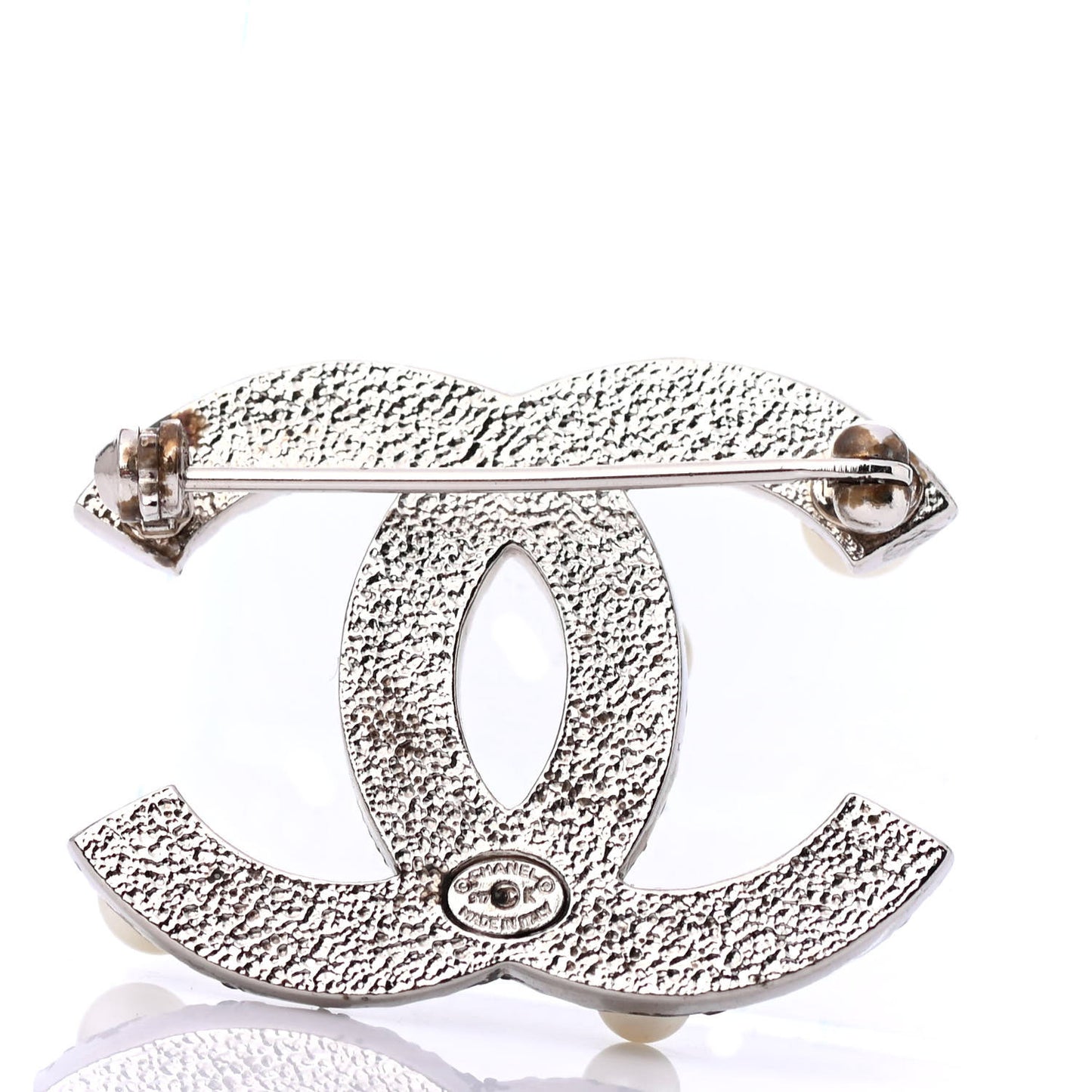 Pearl Crystal CC Mini Brooch Silver