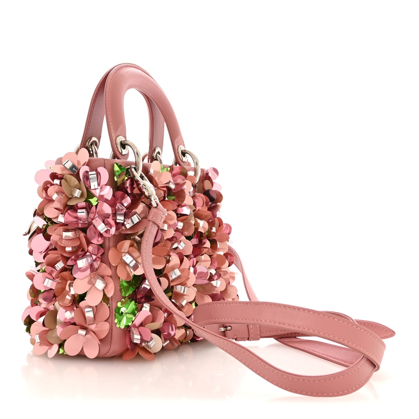 Calfskin Flower Charm Embellished Mini Lady Dior Pink