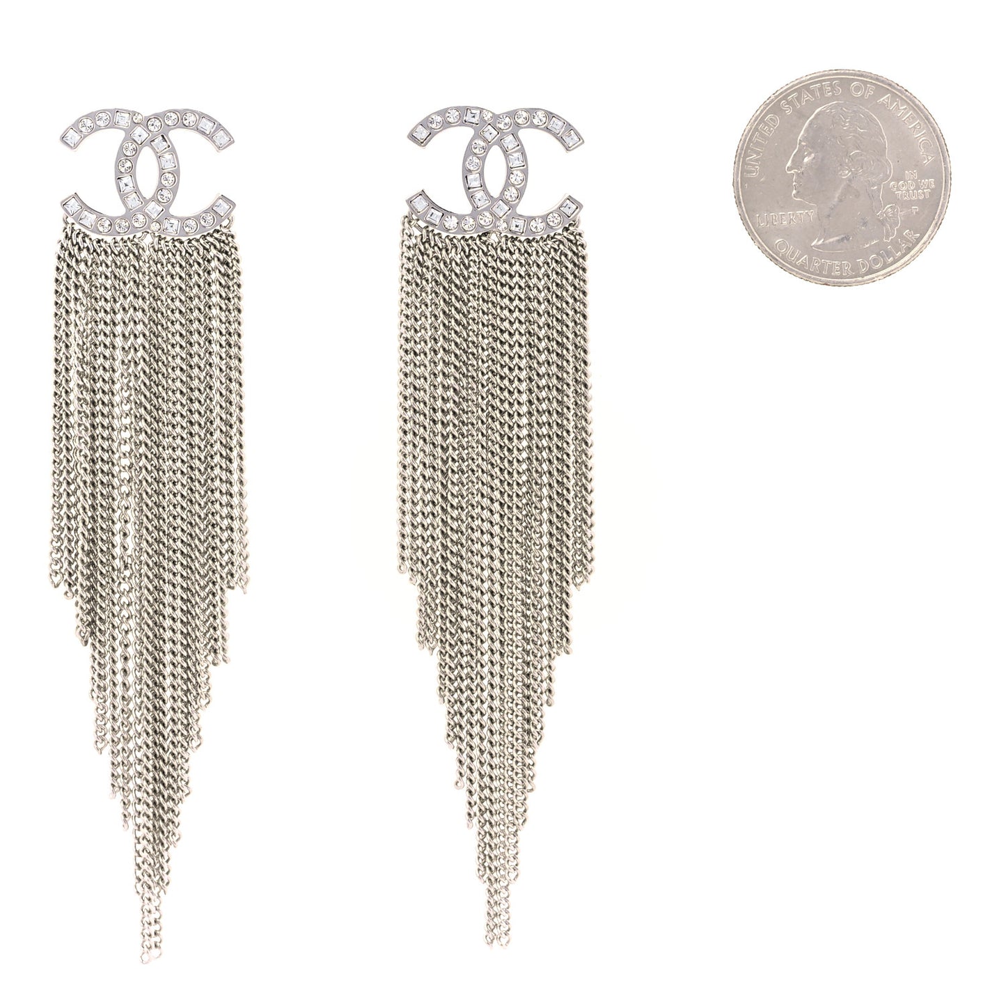 Baguette Crystal CC Chain Drop Earrings Silver