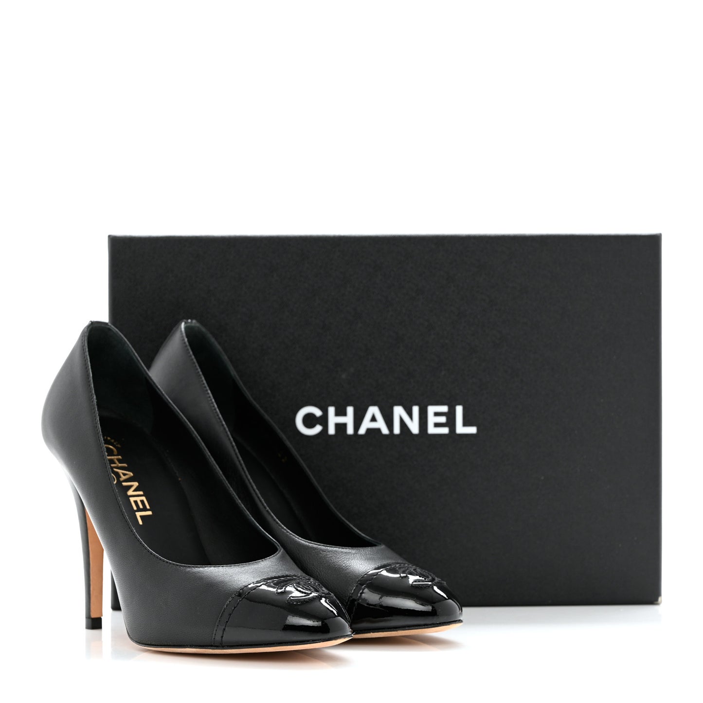 Lambskin Patent Calfskin Cap Toe CC Pumps 36 Black