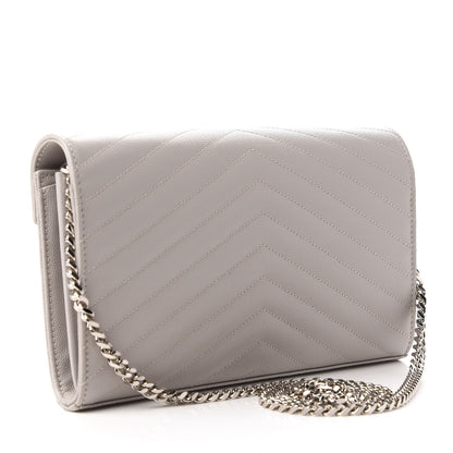 Saint Laurent Grain De Poudre Matelasse Chevron Monogram Chain Wallet Granite 3 of 12