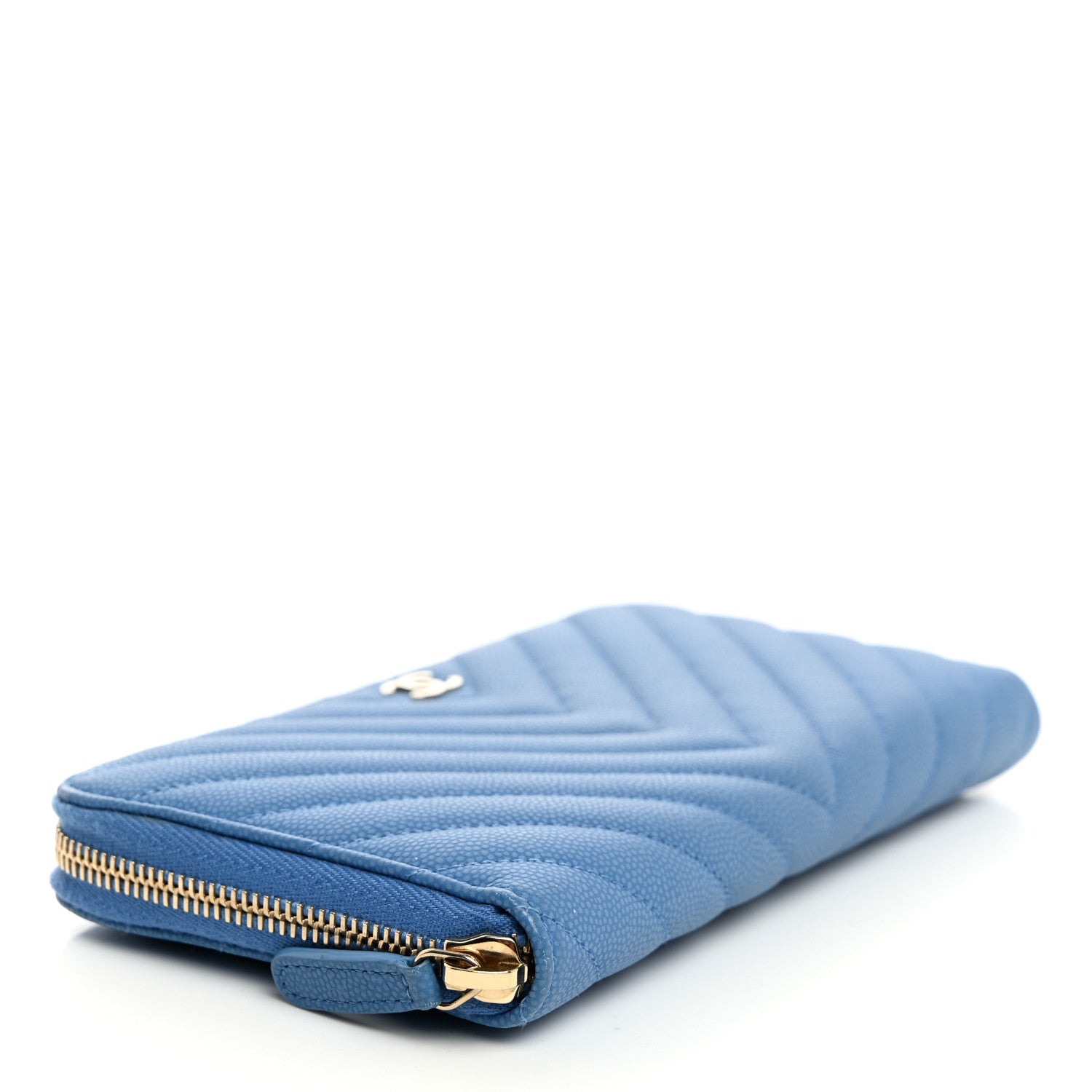 Chanel Iridescent Caviar Chevron Quilted Large Gusset Zip Around Wallet Bright Blue 4 of 8