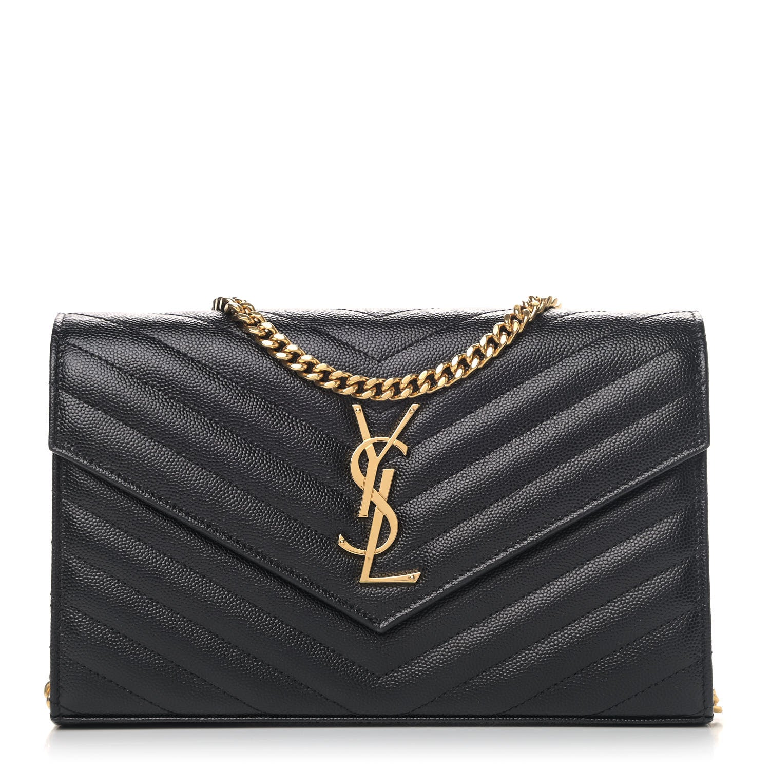 Saint Laurent Grain De Poudre Matelasse Chevron Monogram Chain Wallet Black 1 of 4