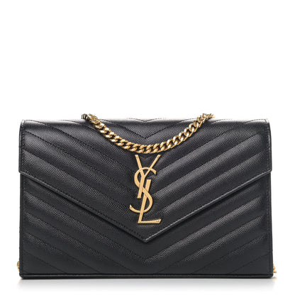 Saint Laurent Grain De Poudre Matelasse Chevron Monogram Chain Wallet Black 1 of 4